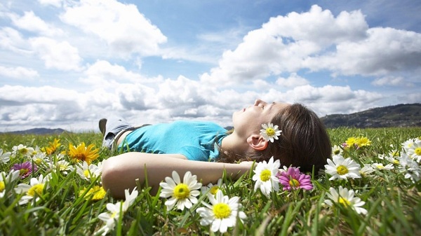 Девушка лежит на цветочном поле